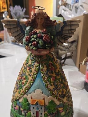 Jim Shore Hand-Painted Floral Angel Figurine in Yellow, Blue & Green